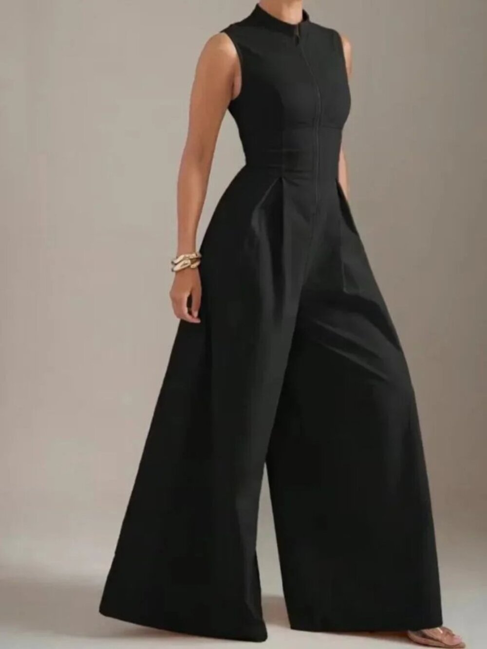 Wide Leg Sleeveless Zip Up Jumpsuit Black